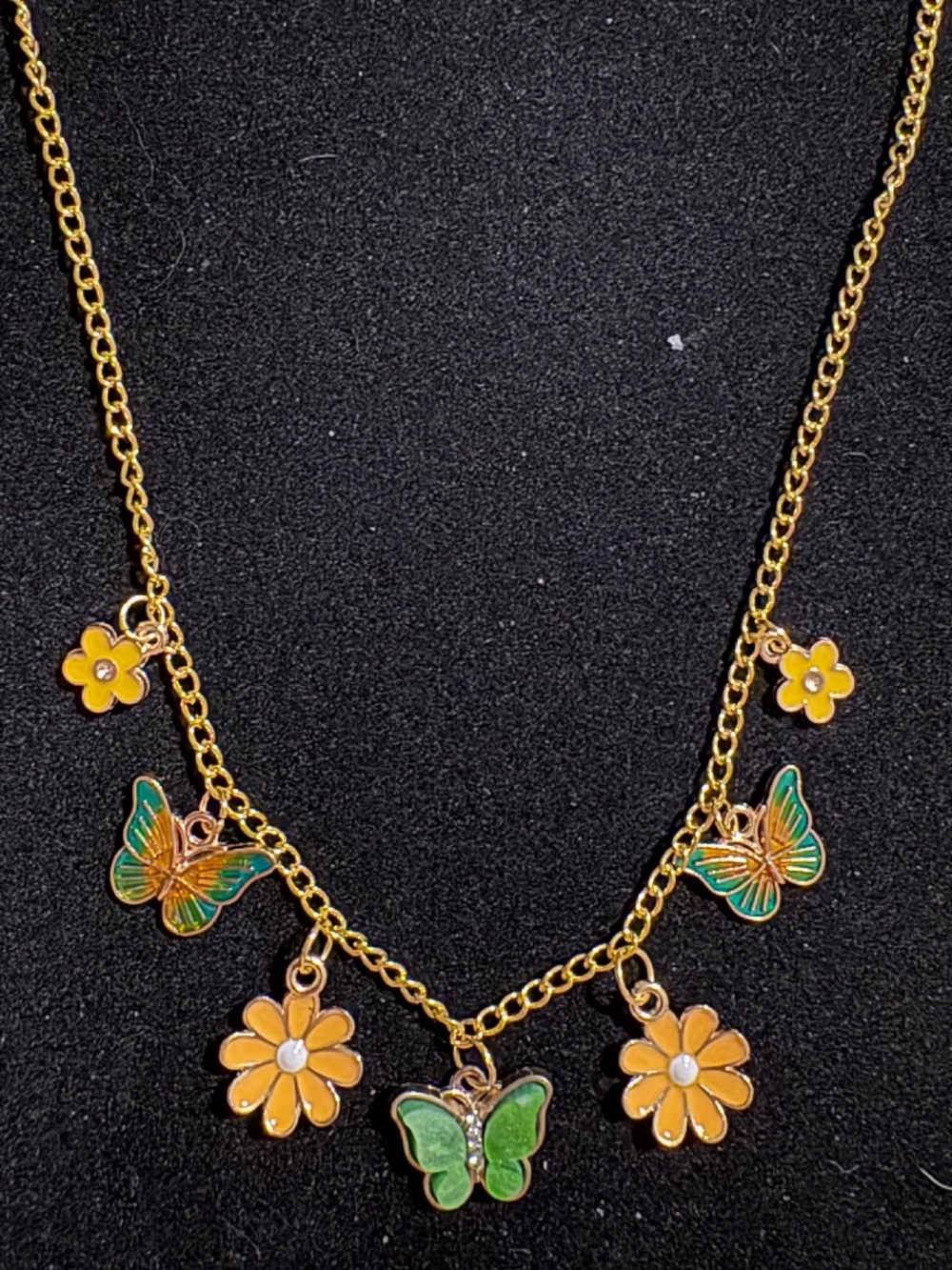 Parky’s Place Green Butterfly & Daisy Charm Necklace 20”